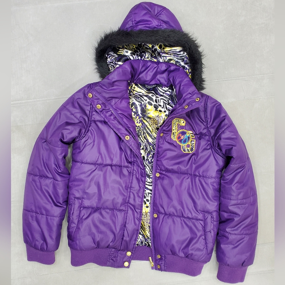 Coogi puffer jacket girls 16 fits women's Small purple embroidered faux fur trim